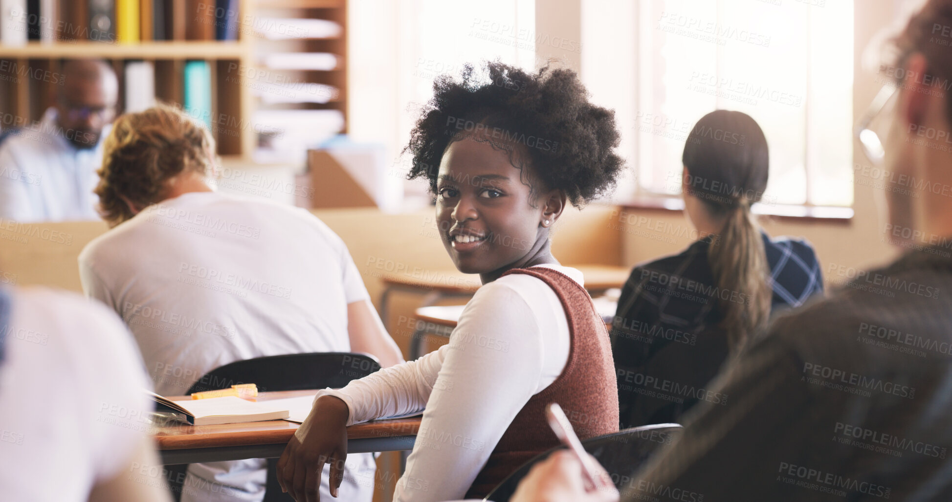 Buy stock photo Teenager, girl and portrait in classroom for education lecture in high school or scholarship, notebook or students. Female person, face and desk for academic development or academy, smile or study