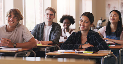 Buy stock photo Education, university and students sitting in a classroom for learning, studying or future development. School, college and scholarship with a group of pupils in class lecture together to learn