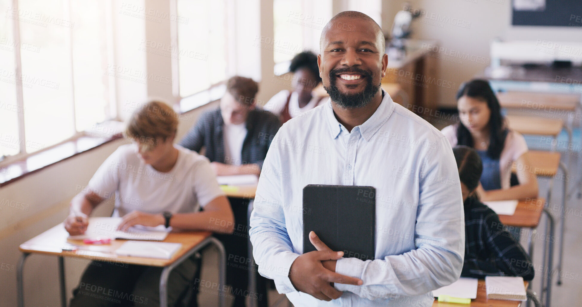 Buy stock photo Portrait, black man and teacher in a class, students and smile with knowledge, education and development. Face, male person and educator with a test, exam or learning in a school, happiness or growth