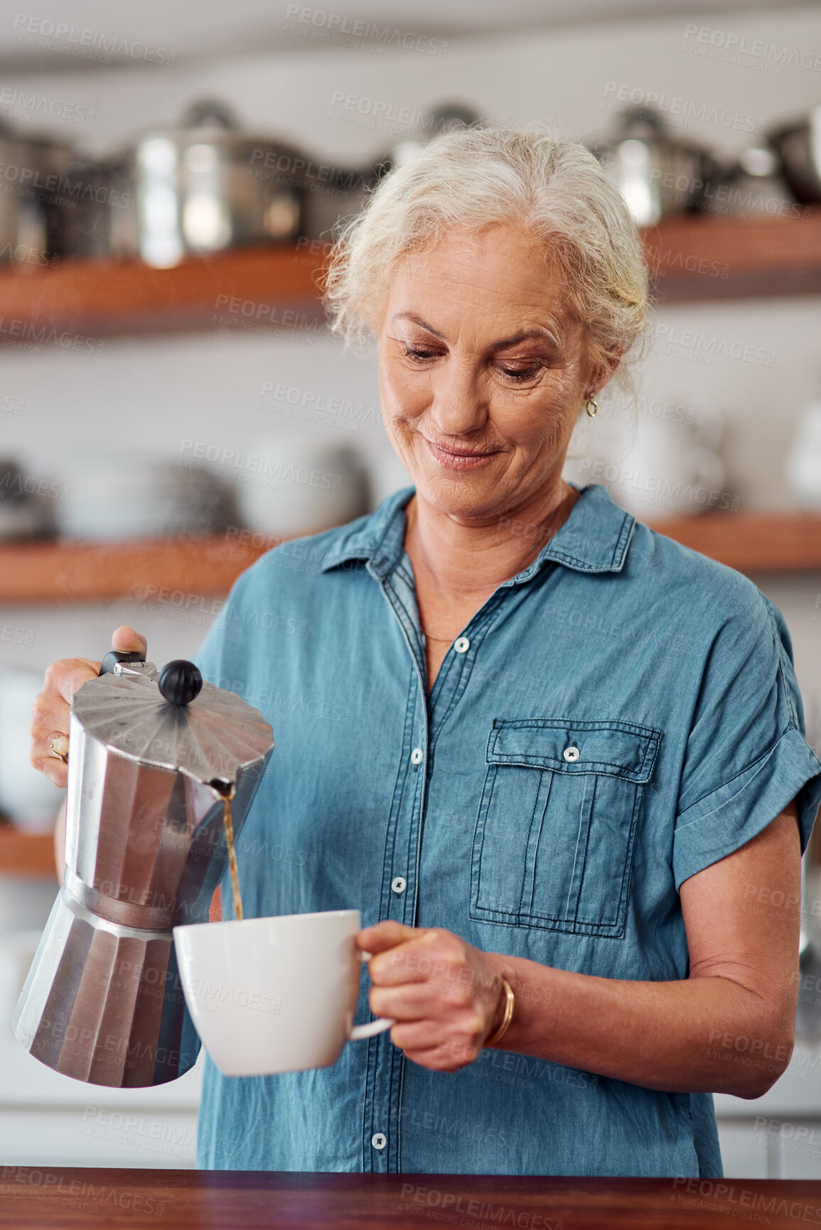 Buy stock photo Mature woman, coffee and cup in kitchen of home, moka pot and smile for morning caffeine. Drink, berverage and warm for comfort and energy for female person, retirement and relax with espresso mug