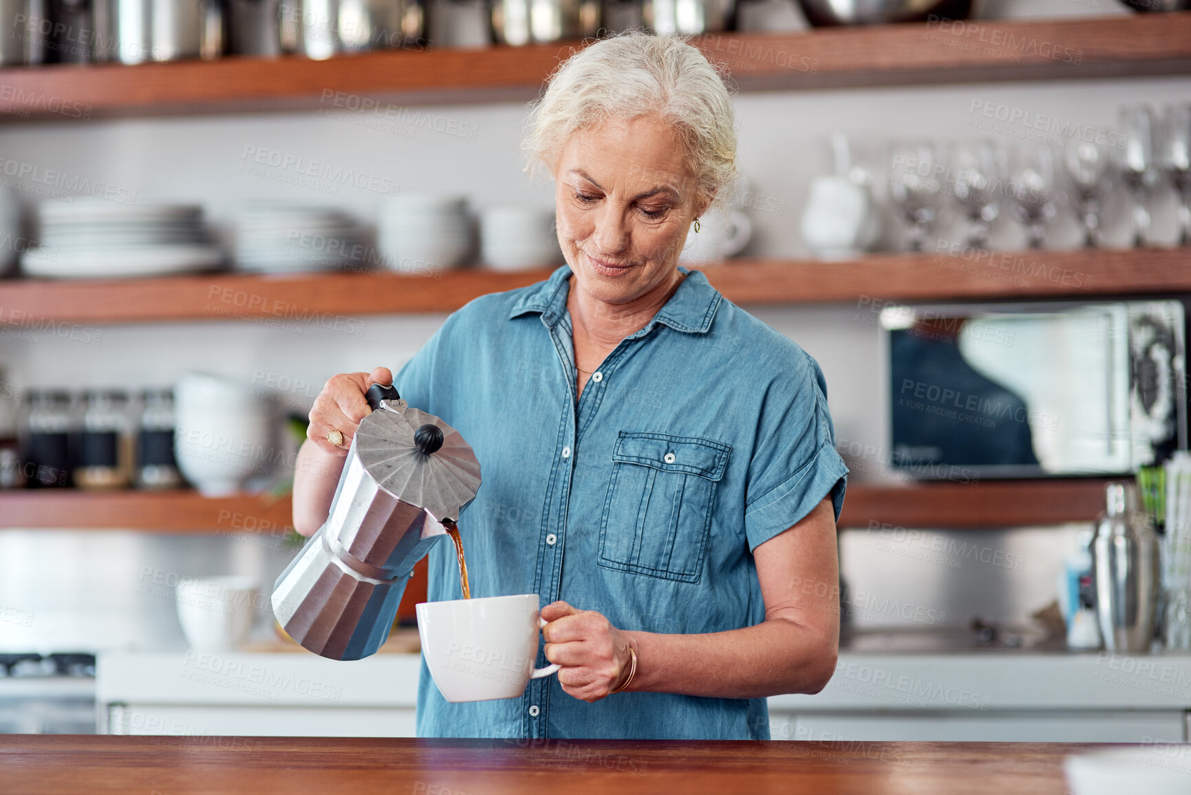 Buy stock photo Woman, coffee and moka pot in home for strong, rich and flavor while relax in morning on weekend. Senior person, retirement and latte or espresso maker in kitchen for energy, drink and breakfast