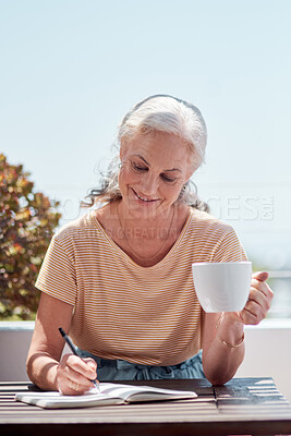 Buy stock photo Writing, book and coffee with an old woman author sitting outdoor in summer for inspiration as a writer. Idea, planning and notebook with a senior pensioner using a pen to write in a journal or diary