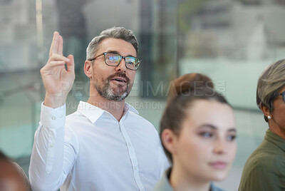 Buy stock photo Audience, business and man with question at conference for feedback, brainstorming or employee engagement. Planning, team building or about us at workshop for ideas, growth or development in training