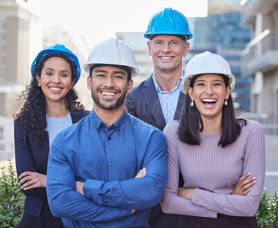 Buy stock photo Business people, architect and portrait of team in city for construction, leadership or architecture on site. Happy group of professional engineers with arms crossed in teamwork for building in town