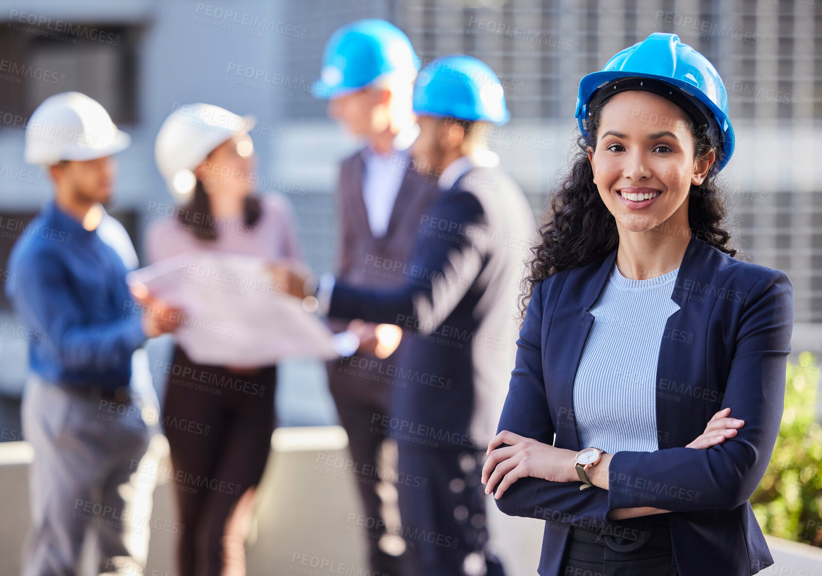 Buy stock photo Happy woman, portrait and architect in construction, leadership or team management with arms crossed on site. Confident female person, engineer or manager with hard hat for industrial architecture
