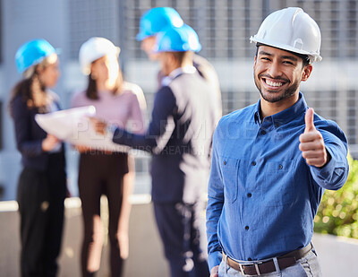 Buy stock photo Businessman, portrait and architect with thumbs up for winning, success or teamwork in construction on site. Happy man or engineer smile and thumb emoji, yes sign or like for approval in architecture