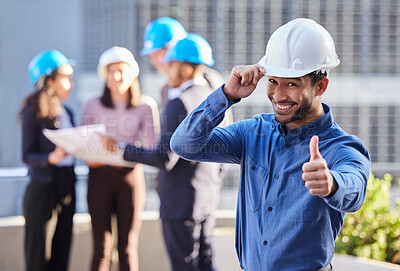 Buy stock photo Businessman, architect and thumbs up in construction for winning, success or teamwork on site. Portrait of happy man or engineer smile with thumb emoji, yes sign or like for approval in architecture
