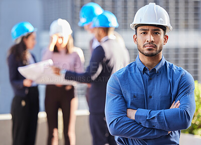 Buy stock photo Businessman, portrait and architect with arms crossed in leadership, management or team construction on site. Confident and serious man, engineer or manager with hard hat for industrial architecture