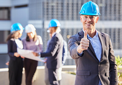 Buy stock photo Businessman, architect and thumbs up in construction for success, winning or teamwork on site. Portrait of happy man or engineer smile with thumb emoji, yes sign or like for approval in architecture