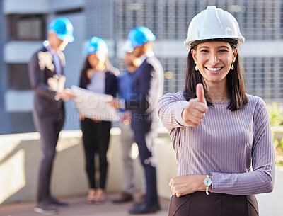 Buy stock photo Business woman, architect and thumbs up for construction success, winning or teamwork on site. Portrait of happy female engineer smile with thumb emoji, yes sign or like for approval in architecture