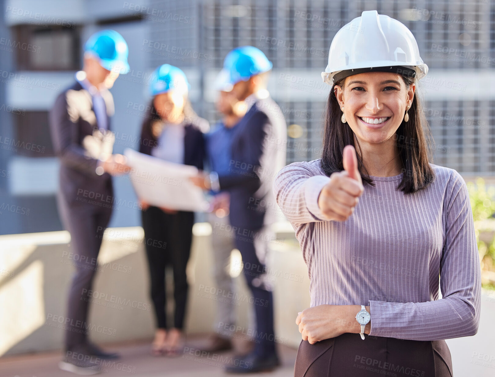 Buy stock photo Business woman, architect and thumbs up for construction success, winning or teamwork on site. Portrait of happy female engineer smile with thumb emoji, yes sign or like for approval in architecture