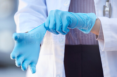 Buy stock photo Healthcare, hand of doctor and surgery with surgical gloves for protection at a hospital. Procedure or ppe, health and hands of a nurse or surgeon to perform an operation at a medical clinic