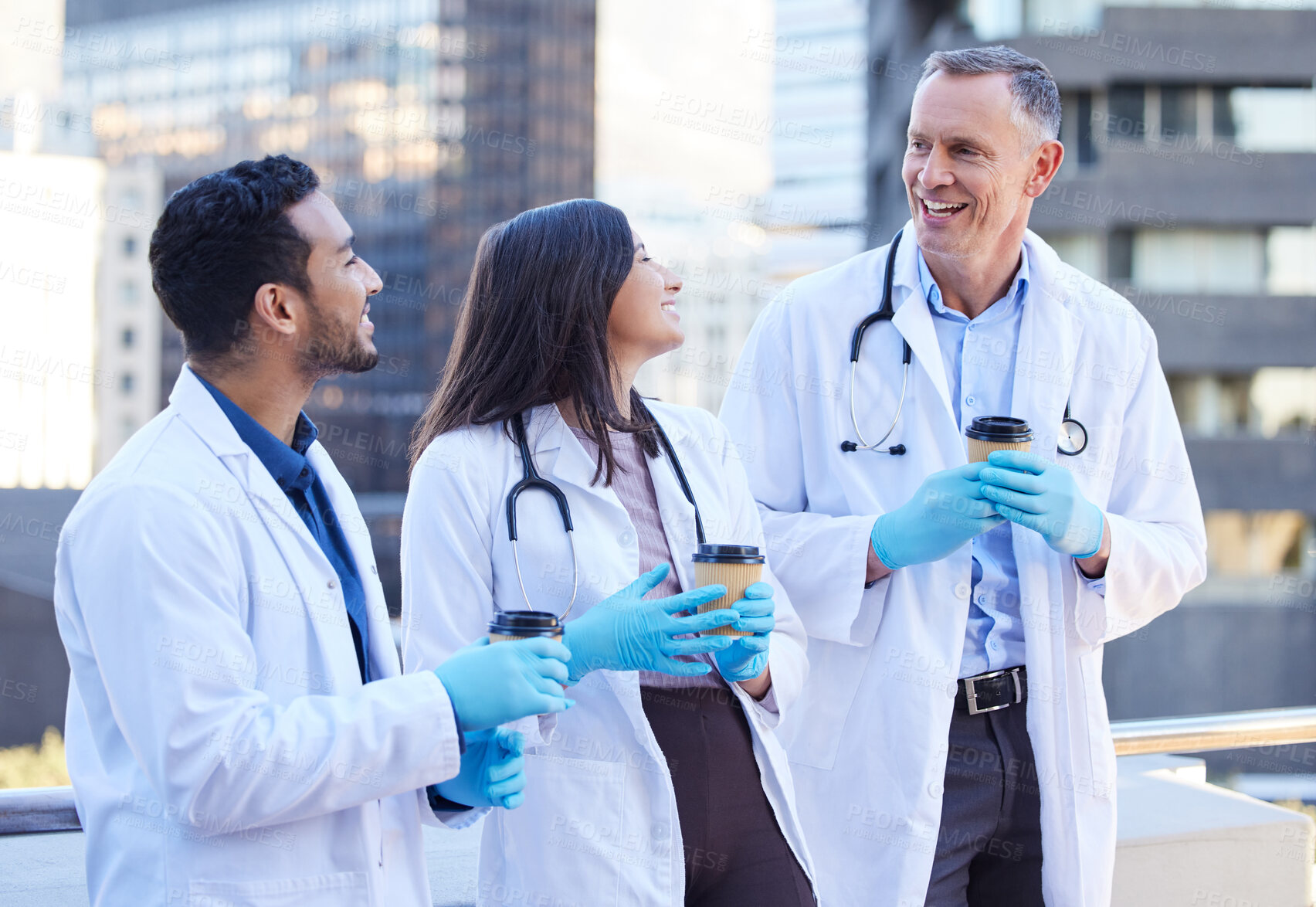 Buy stock photo Doctor, group and talking outdoor as team with take away coffee for morning shift, healthcare or collaboration. Man, woman and cardiology coworker for research trail or medical, project or hospital