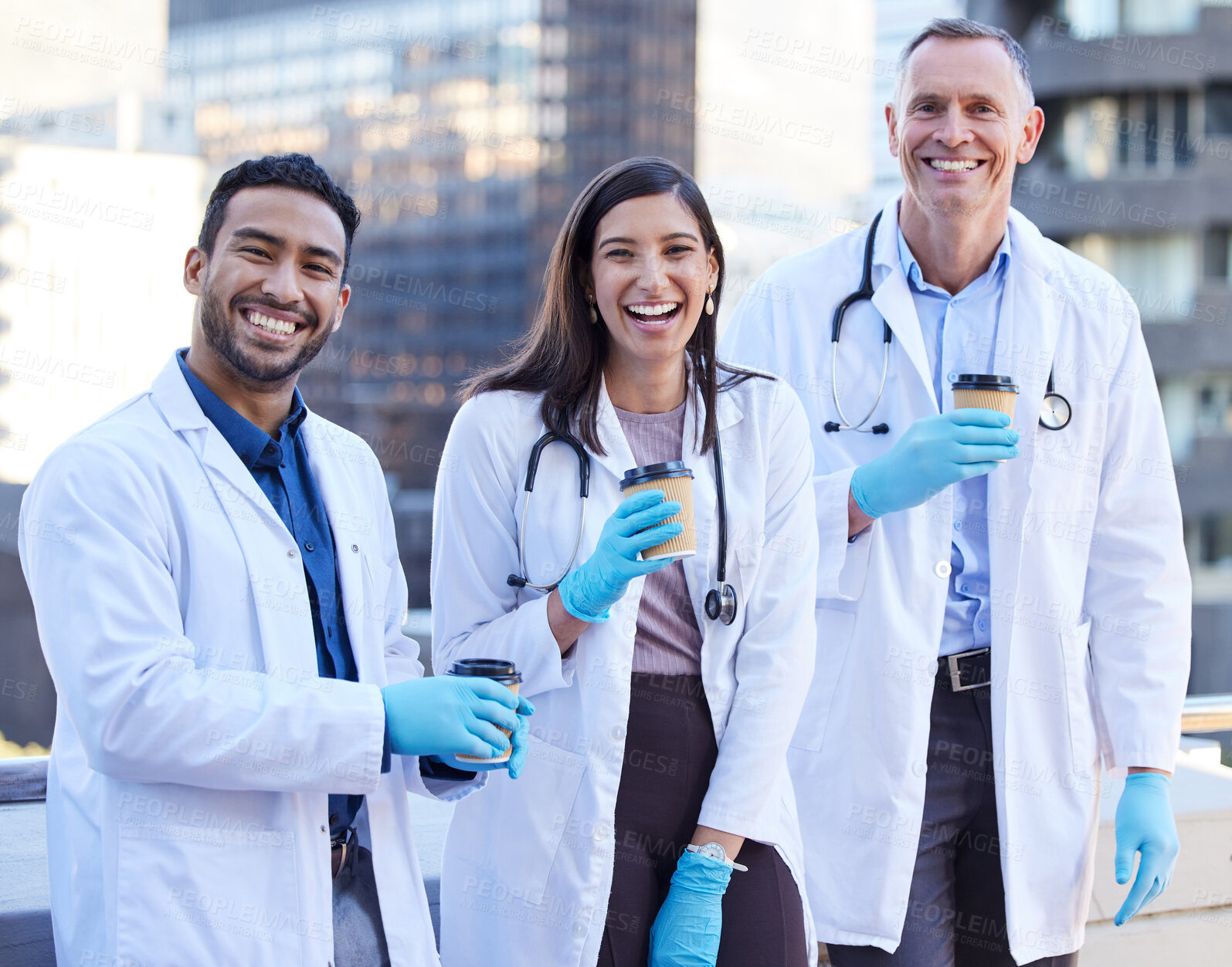 Buy stock photo Doctor, group and portrait outdoor as team with take away coffee for morning shift, healthcare or collaboration. Man, woman and cardiology coworker for research trail or medical, project or hospital