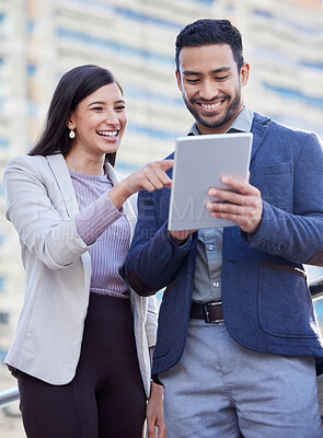 Buy stock photo Business people, tablet and team outdoor in a city with internet connection for social media. A happy man and woman together on urban background with tech for networking, communication or online app