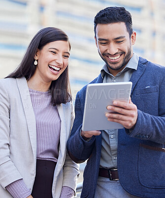 Buy stock photo Business people, tablet and team laughing outdoor in a city with internet connection for social media. Happy man and woman together on urban background with tech for networking, communication or app