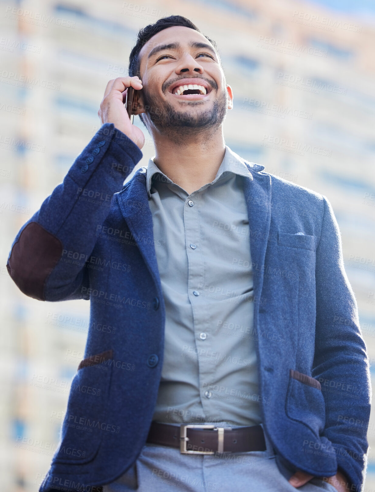 Buy stock photo Outdoor, Asian man and happy in phone call for conversation, communication and networking. Business, banker and smile or satisfied on connection with client for investment and financial advise