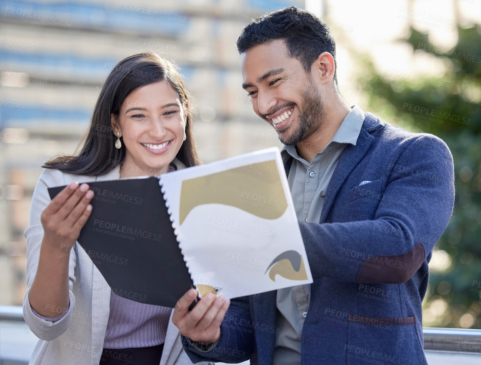 Buy stock photo Business, people and happy with book for conversation, teamwork and collaboration. Outdoor, banker and smile or satisfied with information, report and statement for investment and financial advise