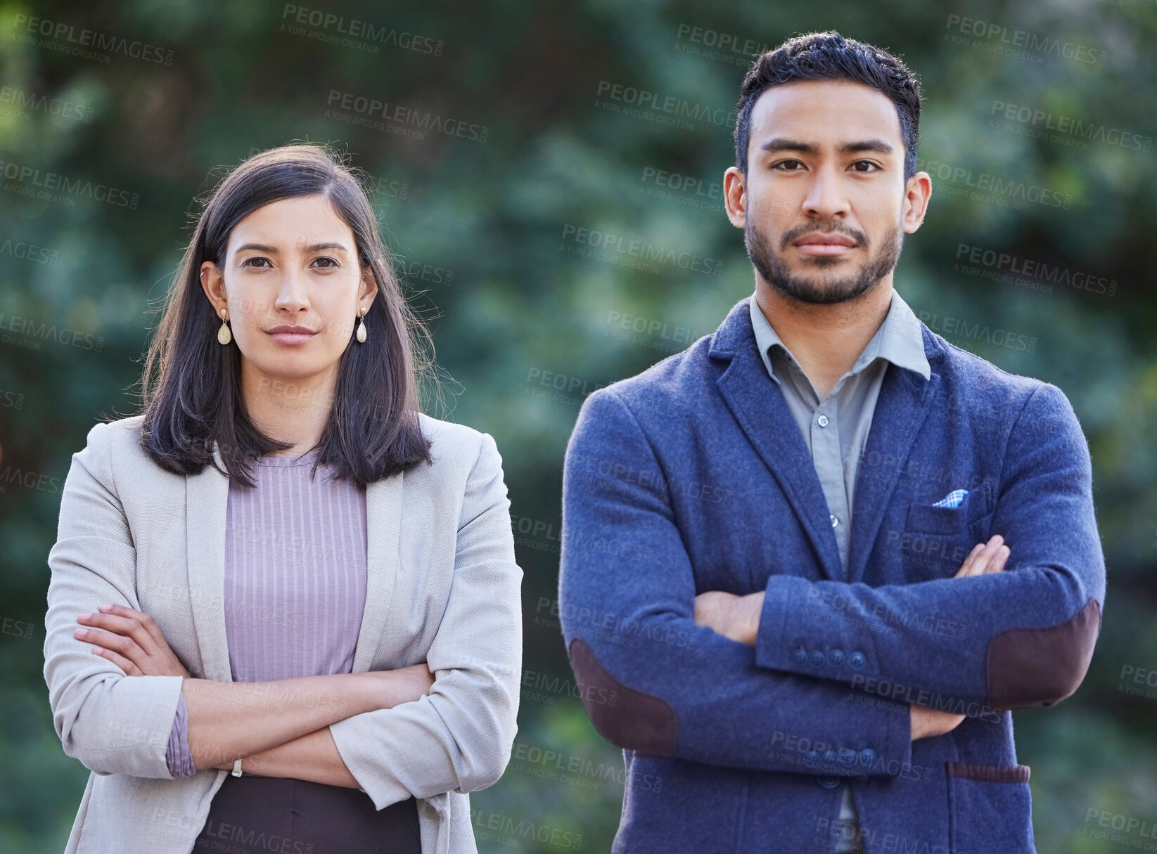 Buy stock photo Business, people and confident in outdoor on portrait for career or job growth and opportunity as banker. Partner, corporate and hope or proud with teamwork, collaboration and progress in New York