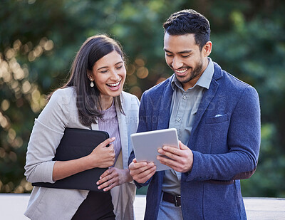Buy stock photo Business people, team laughing and tablet outdoor with internet connection for social media. A happy man and woman together in a city with tech for networking, funny communication or online meme app