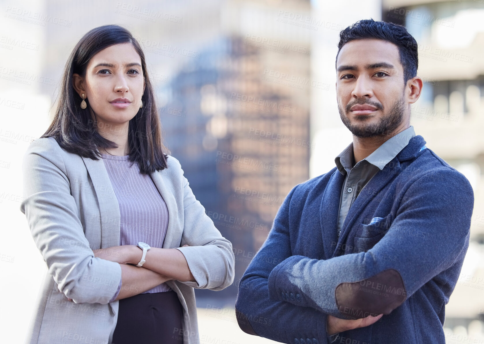 Buy stock photo Business, people and confident in outdoor as partner for career or job growth and opportunity as banker. Portrait, corporate and hope or proud with teamwork, collaboration and progress in New York