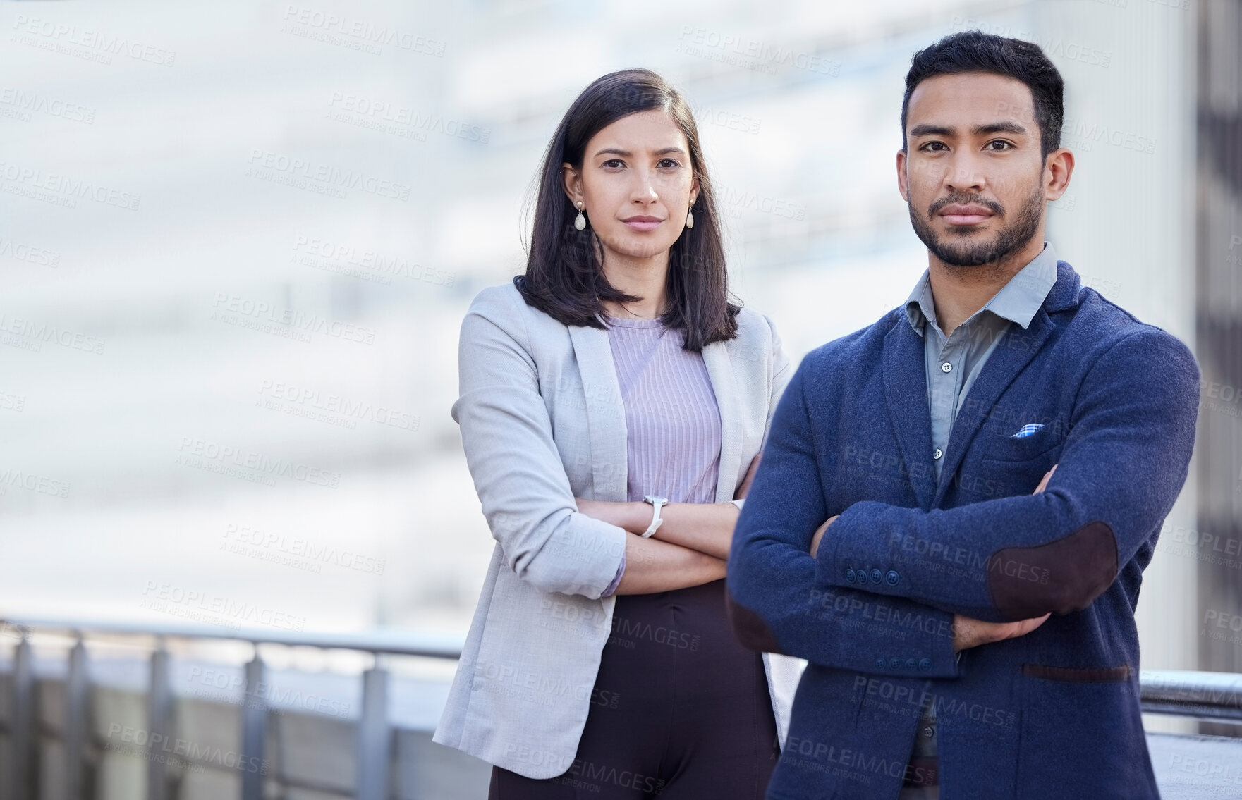 Buy stock photo Business people, team and portrait outdoor in city for collaboration, empowerment and ready for success. Man, woman and together on balcony with arms crossed for confidence, serious and corporate.