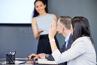 Buy stock photo Business, woman and hand for question in meeting with presentation, discussion or training with corporate. Marketing, team and faq for management in office, workshop or coaching for company strategy