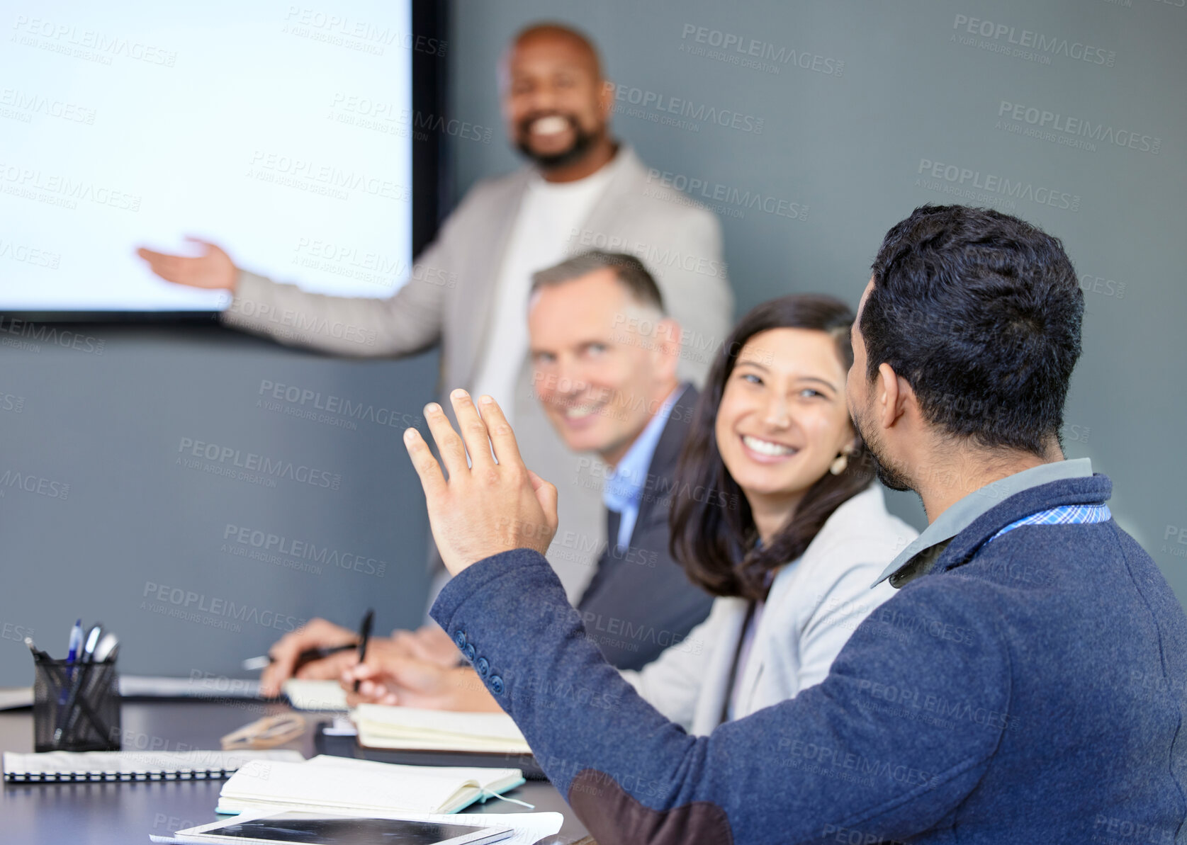 Buy stock photo Business, man and hand for question in meeting with presentation, discussion or training with corporate. People, team and faq for management in office, workshop or coaching for company strategy