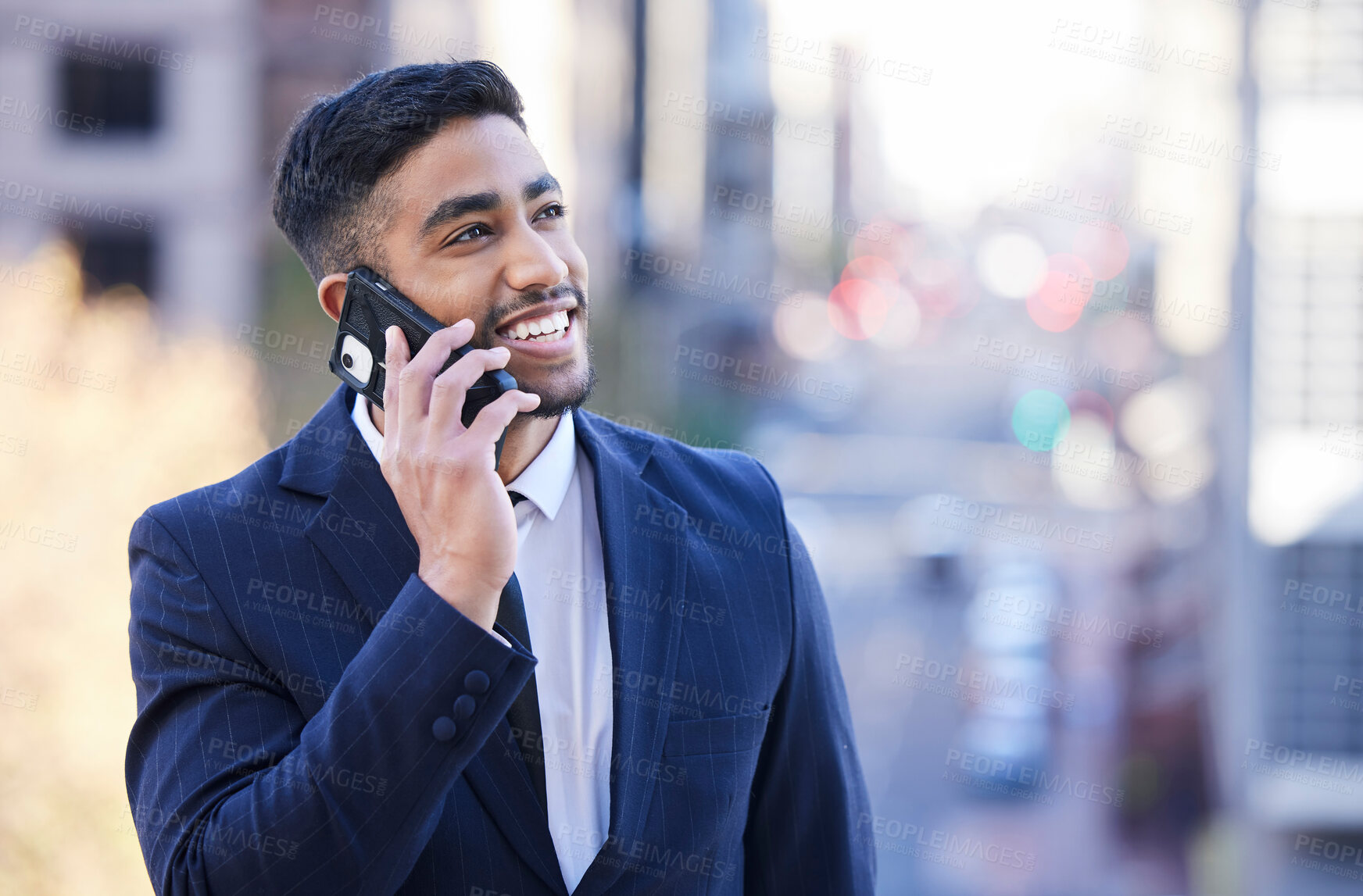Buy stock photo Businessman, walking and city with happiness and phone call for good news with feedback for work. Male person, entrepreneur and smartphone for communication in Dubai and business conversation.