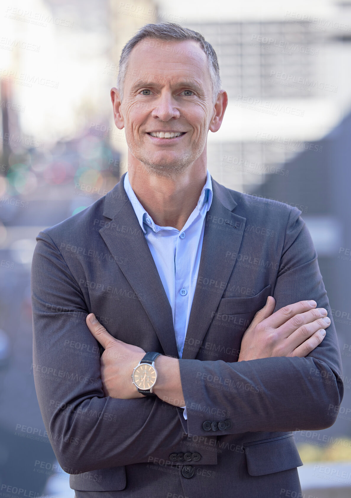 Buy stock photo Mature, businessman and portrait on city with arms crossed rooftop or corporate, entrepreneur or confidence. Male person, face and smile on downtown balcony as tech startup ceo, trust or professional