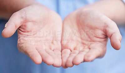 Buy stock photo Person, hands and palm or donation asking for charity community or giving, begging or kindness. Humanity, compassion and poor or assistance for business funding, desperate or support, aid or poverty