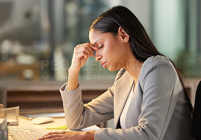 Buy stock photo Headache, stress and business woman in night office for burnout, fatigue or mental health problem. Breathing, pain and sad or depressed professional person at her desk for mistake, depression or fail