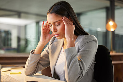 Buy stock photo Headache, pain and stress of business woman in office burnout, fatigue or mental health risk at night. Migraine, massage temple and tired professional person at desk of mistake, depression or anxiety