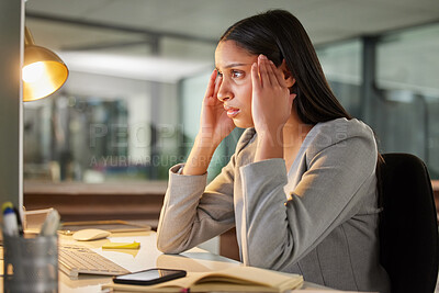 Buy stock photo Headache, stress and computer of business woman burnout, fatigue or mental health problem in night office. Migraine, anxiety and tired or sad person with news on desktop mistake, wrong email or fail