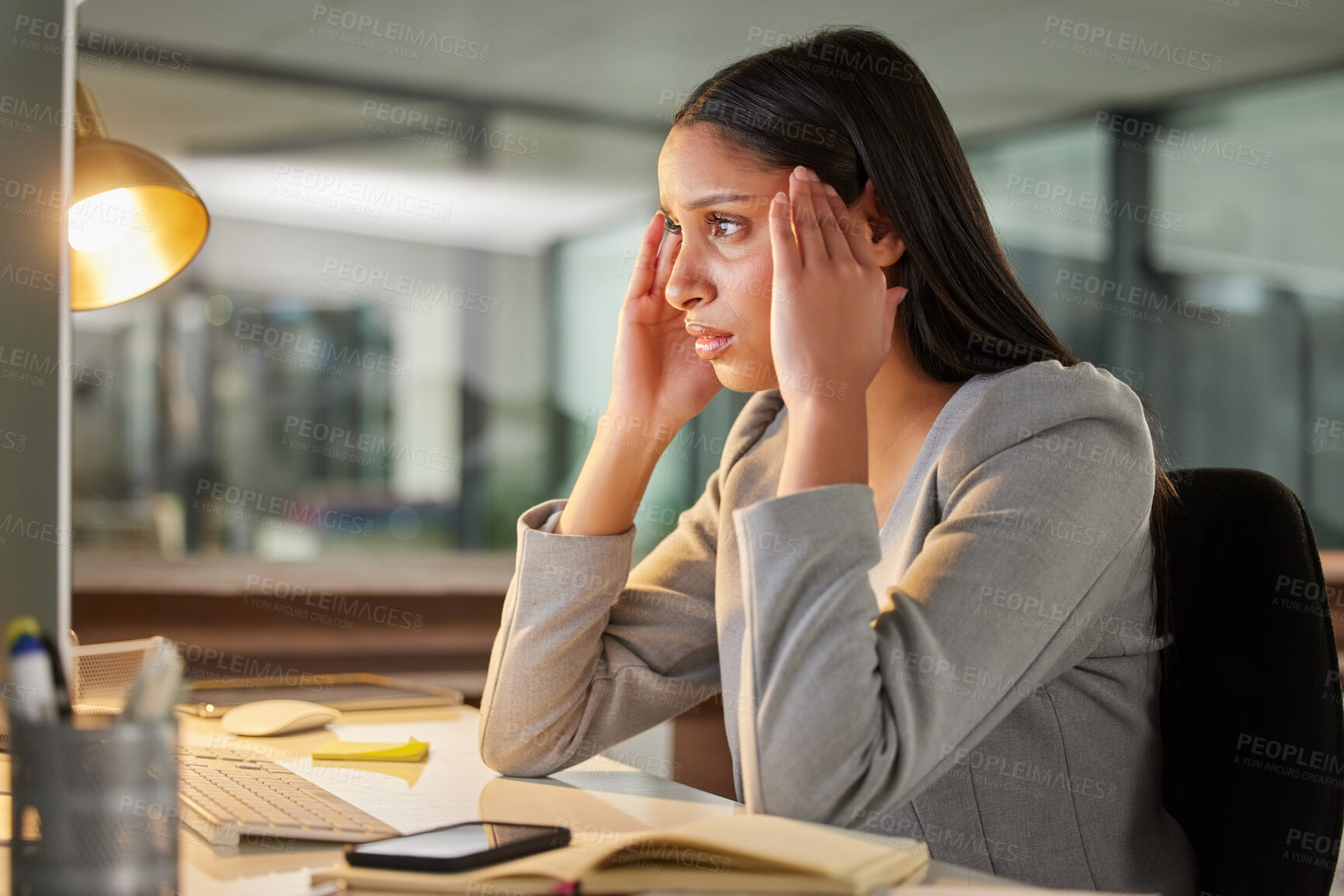 Buy stock photo Headache, stress and computer of business woman burnout, fatigue or mental health problem in night office. Migraine, anxiety and tired or sad person with news on desktop mistake, wrong email or fail
