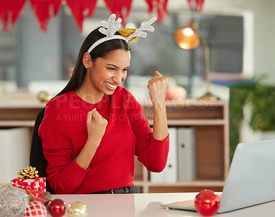 Buy stock photo Christmas, laptop and business woman winning, yes and success on e commerce website, sales or discount in office. Fist, cheers and celebration of winner or african person on computer for holiday news