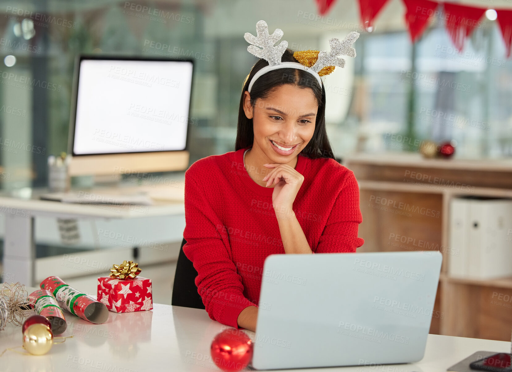 Buy stock photo Christmas, happy and woman with laptop in office for festive planning, sales research or advertising. Business, marketing and employee with technology at desk for gift idea, online feedback or review