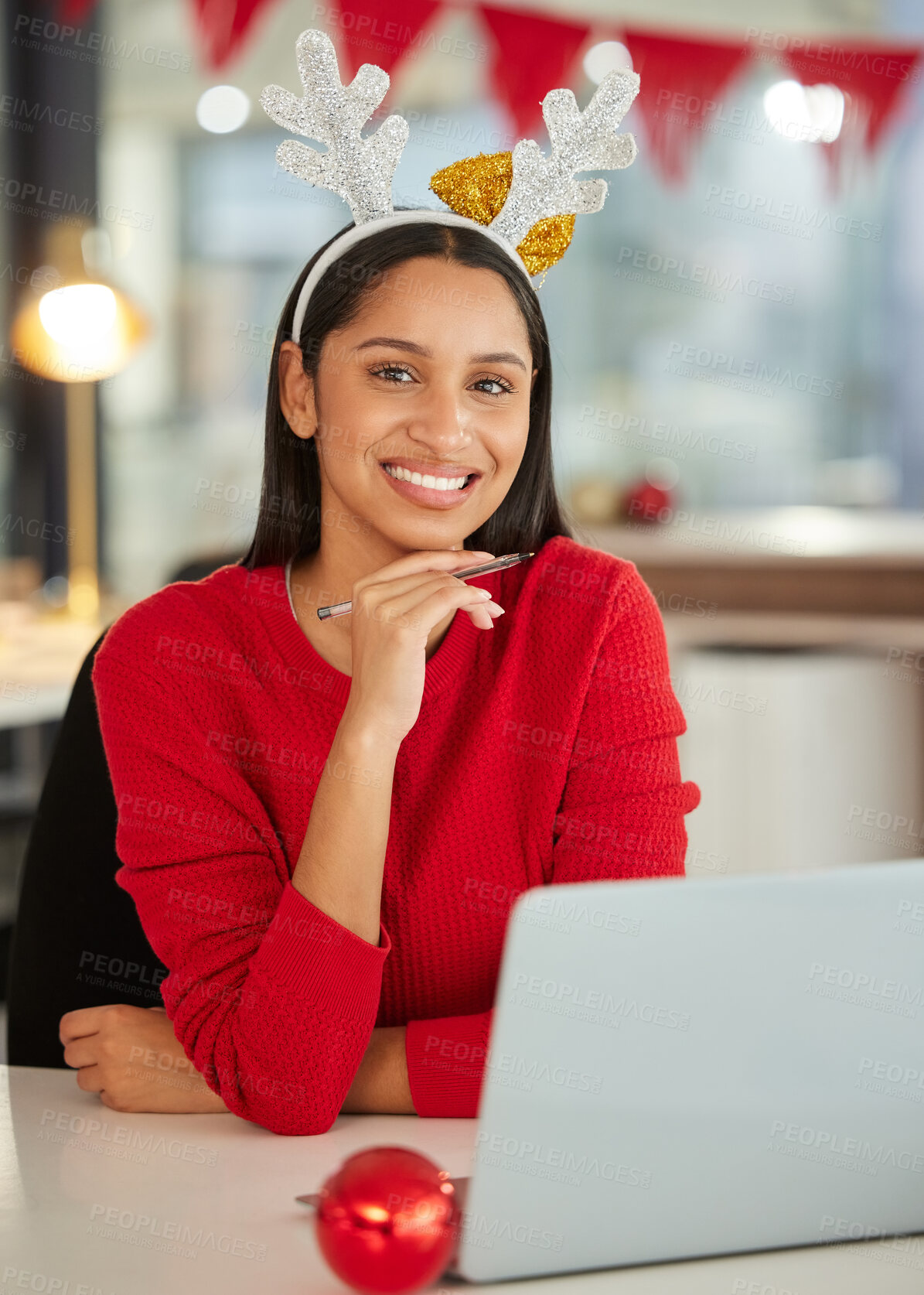 Buy stock photo Woman, Christmas and portrait with laptop in office for sales research, advertising and online info. Marketing, business and employee with technology at desk for festive planning, feedback and review