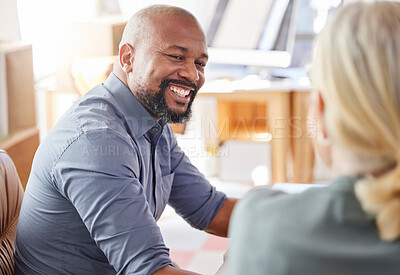Buy stock photo Meeting, face of black man and smile for teamwork, collaboration and working in corporate business with people. Happy, mentor and businessman in office leadership, management or staff support