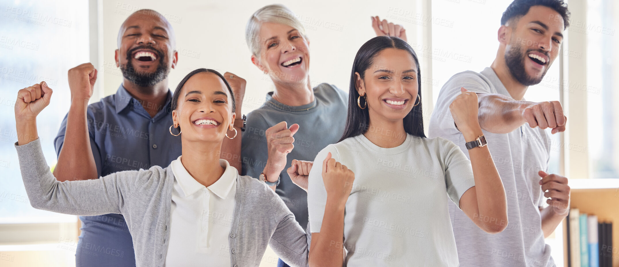 Buy stock photo Portrait, success and team celebration of business people for achievement, goals or target. Face, winner group and excited employees celebrate winning, good news or bonus, prize or office promotion.