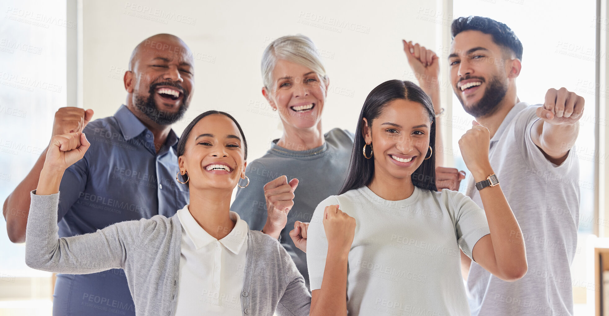 Buy stock photo Shot of a group of businesspeople looking cheerful at the office