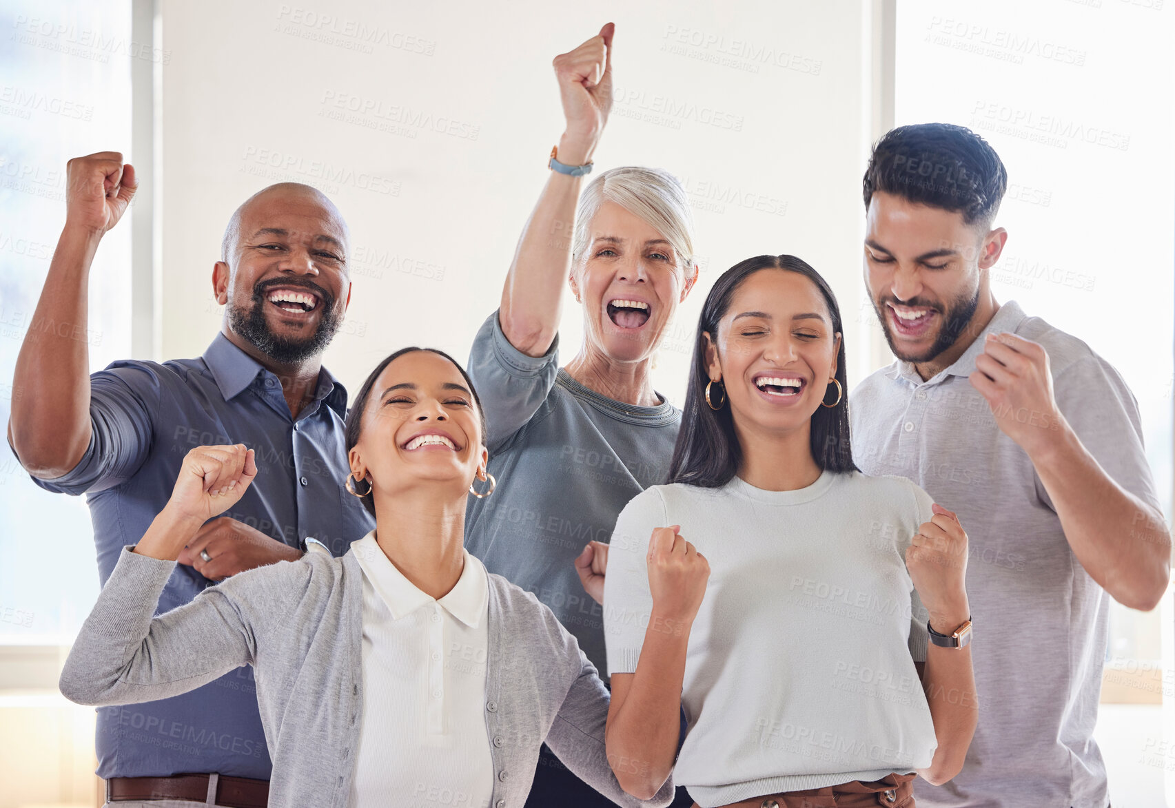 Buy stock photo Success, portrait and group celebration of business people for achievement, goals or target. Face, winner team and excited employees celebrate winning together, good news or bonus, prize or promotion