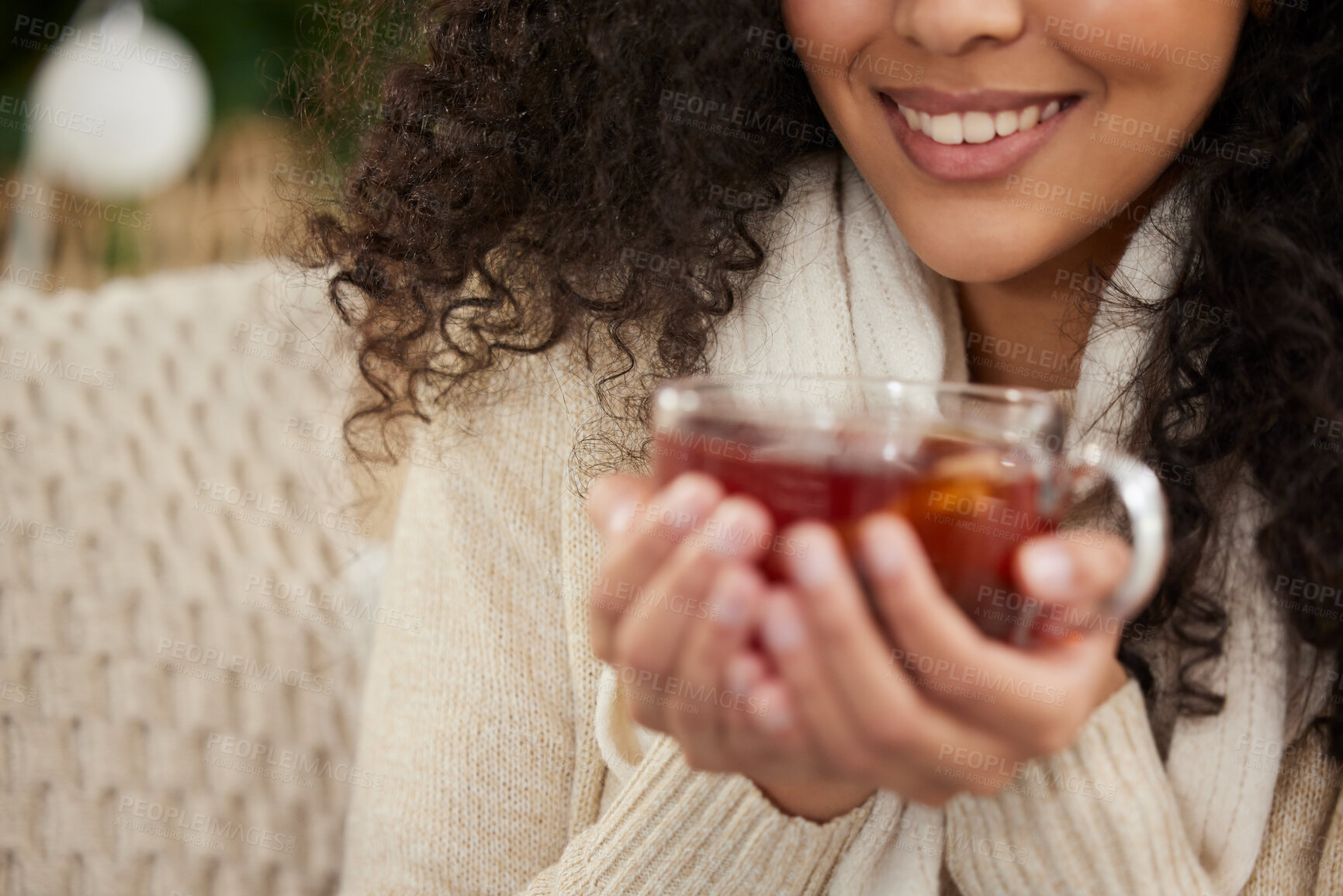 Buy stock photo Woman, tea and relax winter in home with warm clothes for cold morning or resting, stress relief or weekend. Female person, happiness and cup in apartment with comfortable me time, jersey or cozy