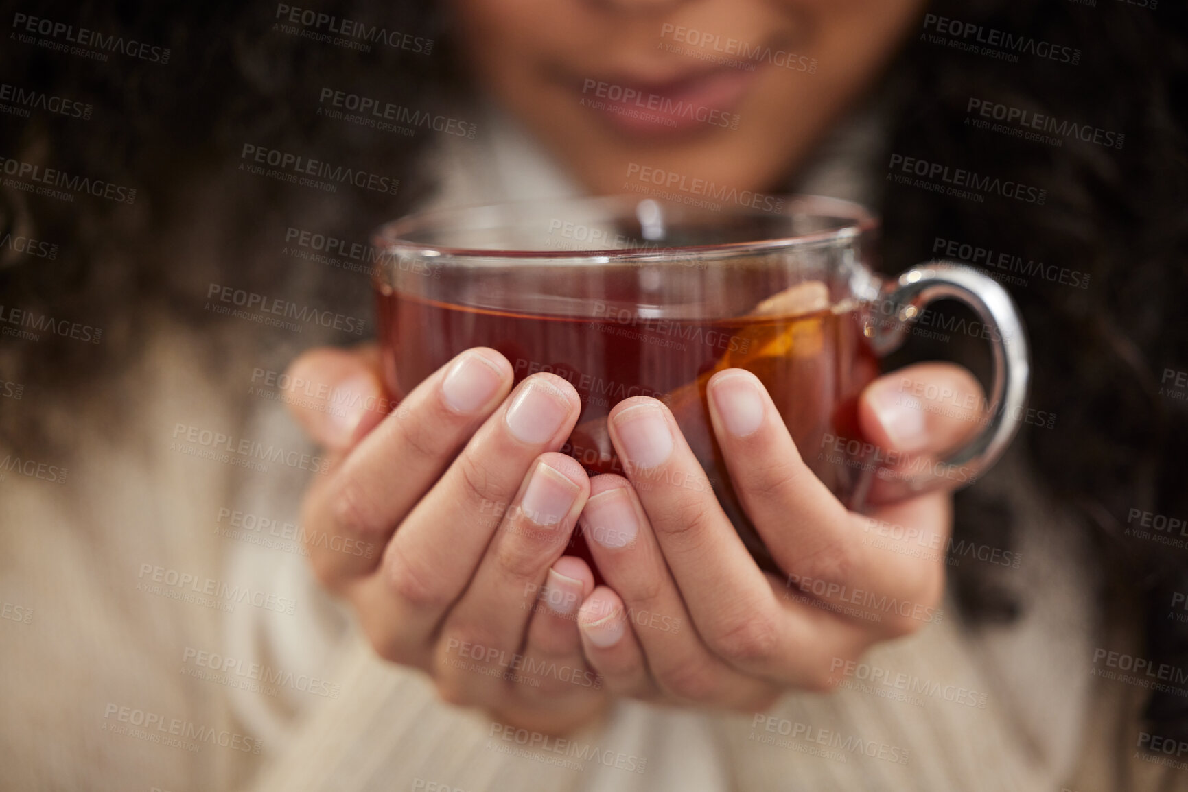 Buy stock photo Person, hands and tea cup for winter drink with warm clothes for cozy weekend, relax or comfortable. Fingers, beverage and jersey for resting break or home peace for morning calm, health or herbal