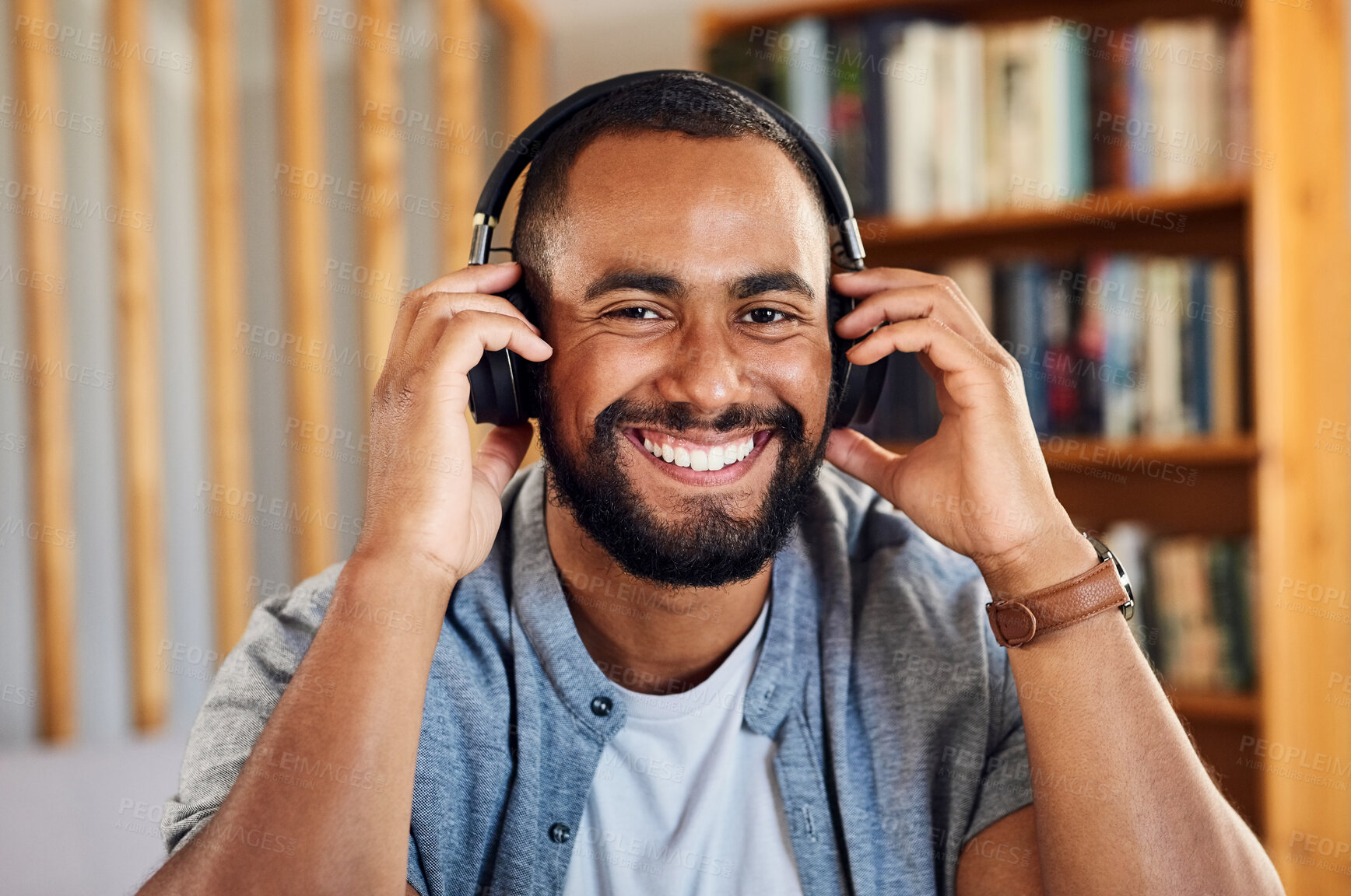 Buy stock photo Portrait, headphones and happy man in home for music, streaming service and listening to podcast. Smile, audio and person in apartment for sound, audiobook and radio playlist on weekend break