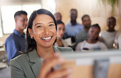 Buy stock photo Cropped portrait of an attractive young businesswoman giving a presentation in the boardroom