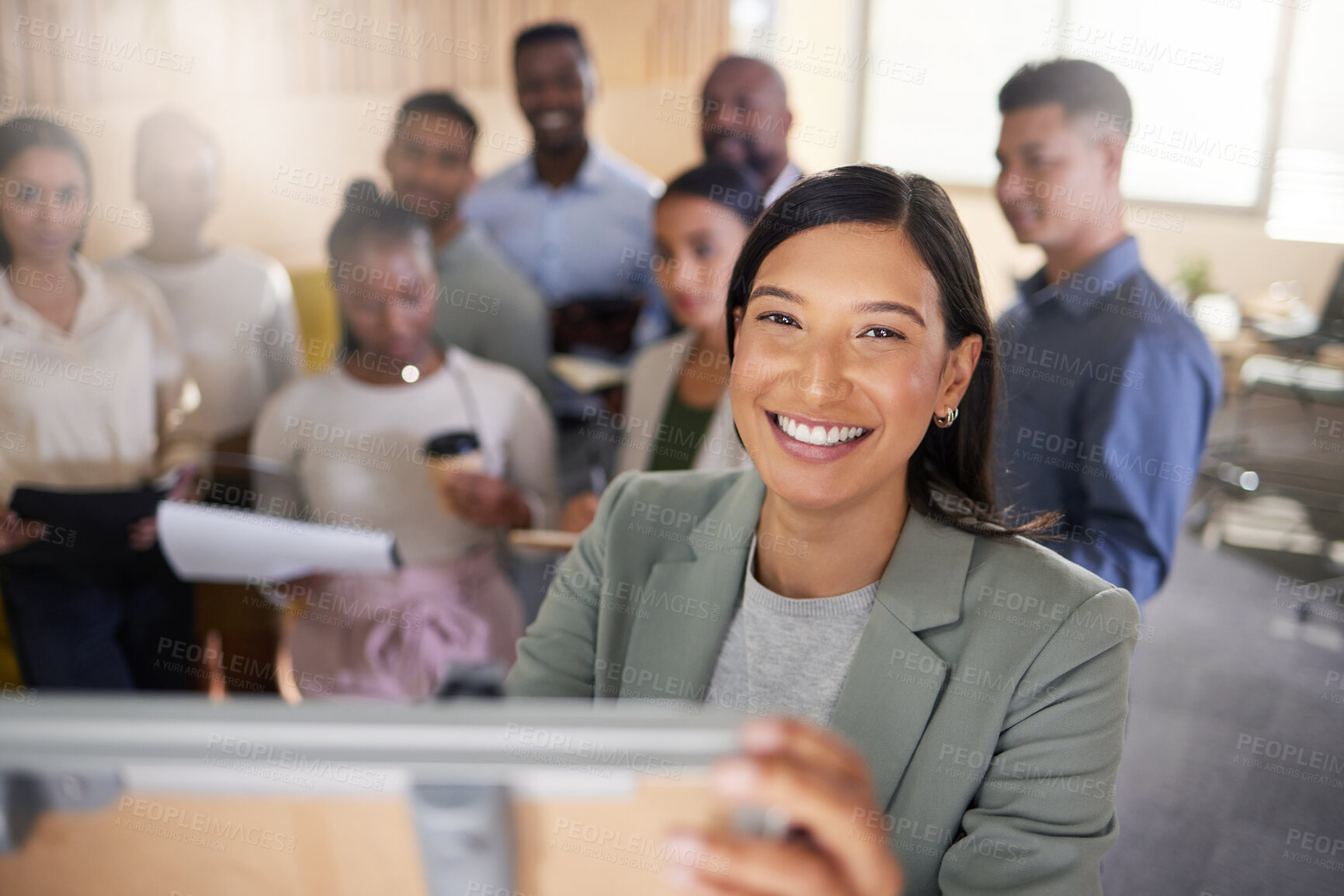 Buy stock photo Cropped portrait of an attractive young businesswoman giving a presentation in the boardroom