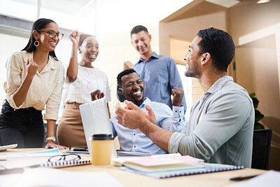 Buy stock photo Cropped shot of a diverse group of businesspeople cheering while sitting in the boardroom during a meeting