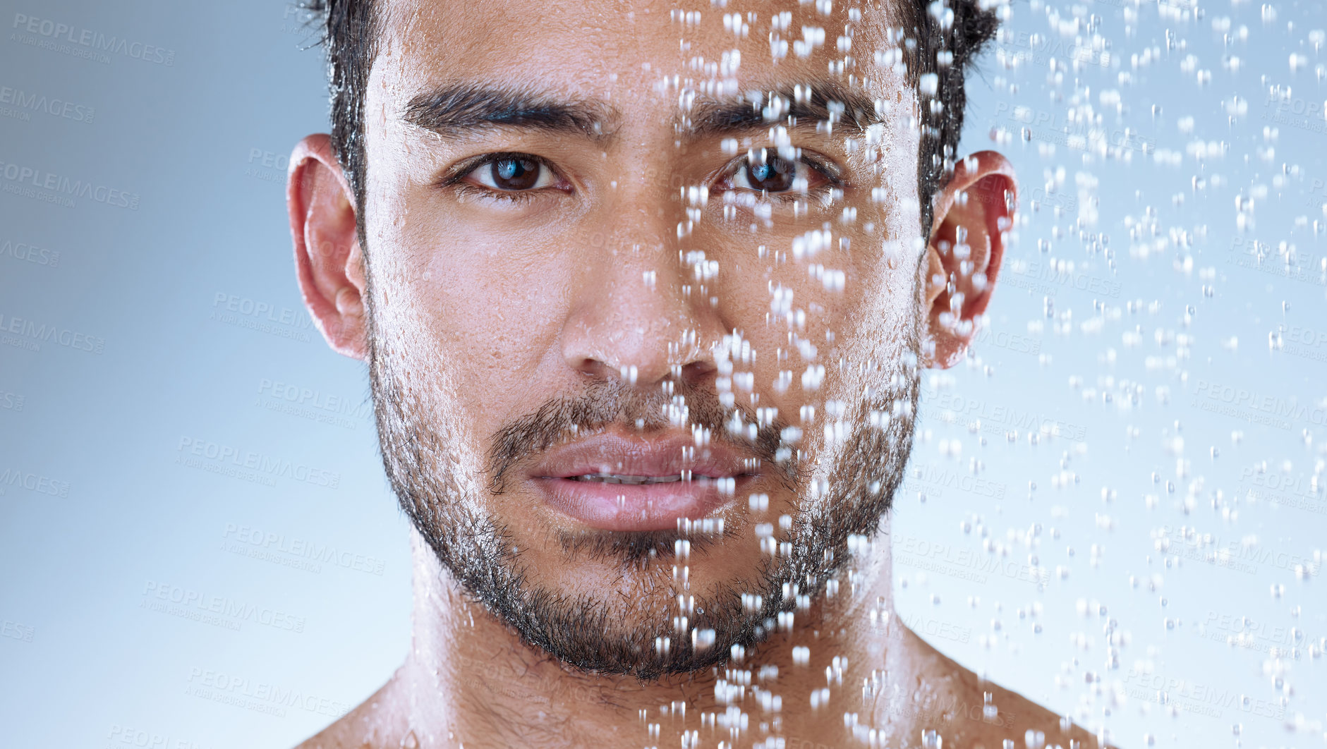 Buy stock photo Shower, washing and man in studio with water drop for hygiene, grooming or skincare on isolated background. Closeup, cleaning and Asian model for natural treatment, wellness or morning routine