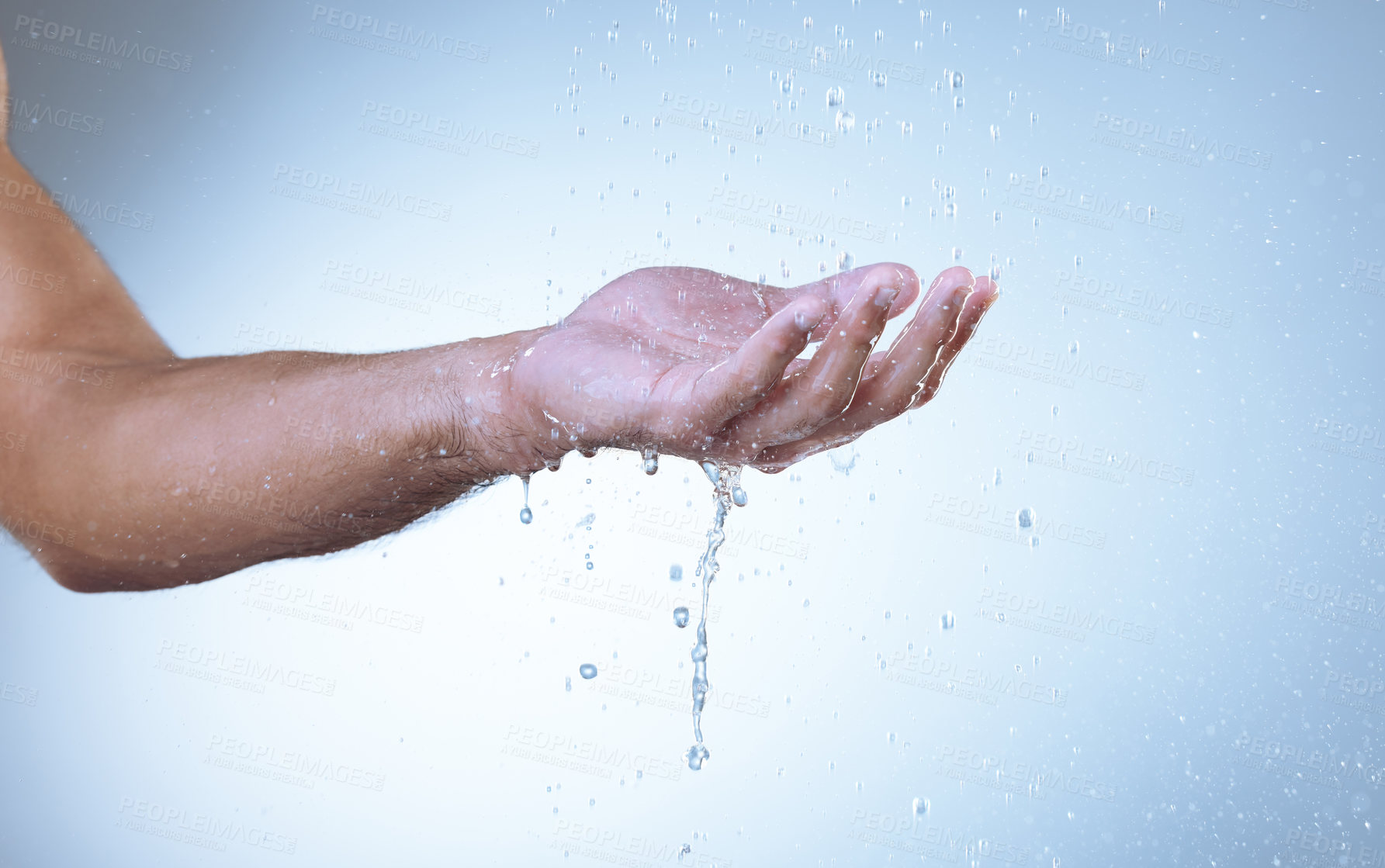 Buy stock photo Hands, man and water isolated in studio for grooming, health and hygiene for wellness. Skincare, dermatology and cleaning with cosmetics, male person and body care by white background for morning